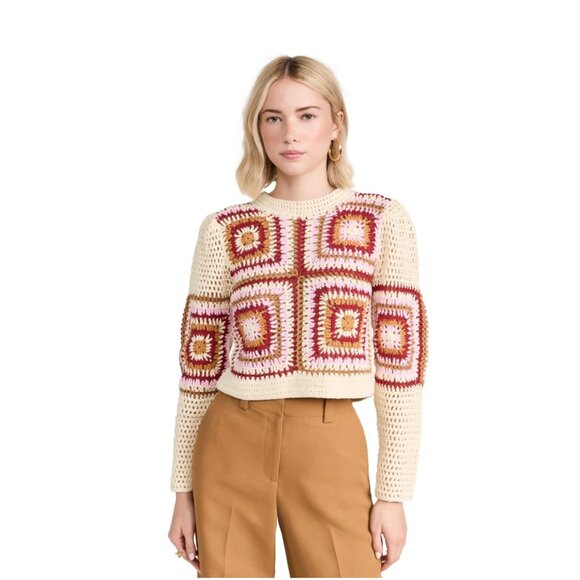 MinkPink Norah Crochet Sweater Womens XS Cream Pink Red Crew Neck Long Sleeve - Picture 11 of 11